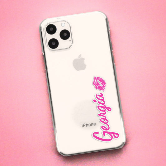 Personalised Barbie Inspired iPhone Case - Clear Pink Name and Kiss