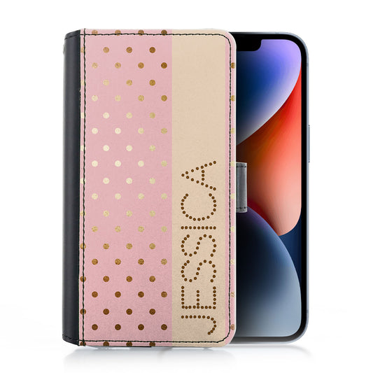 Personalised iPhone Leather Case with Pink and Yellow Polka with Name 