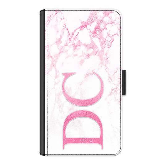 Personalised Sony Phone Leather Wallet with Pink Initials on Pink Marble