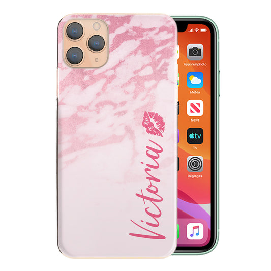 Personalised Apple iPhone Hard Case - Pink Marble & Name Side Kiss