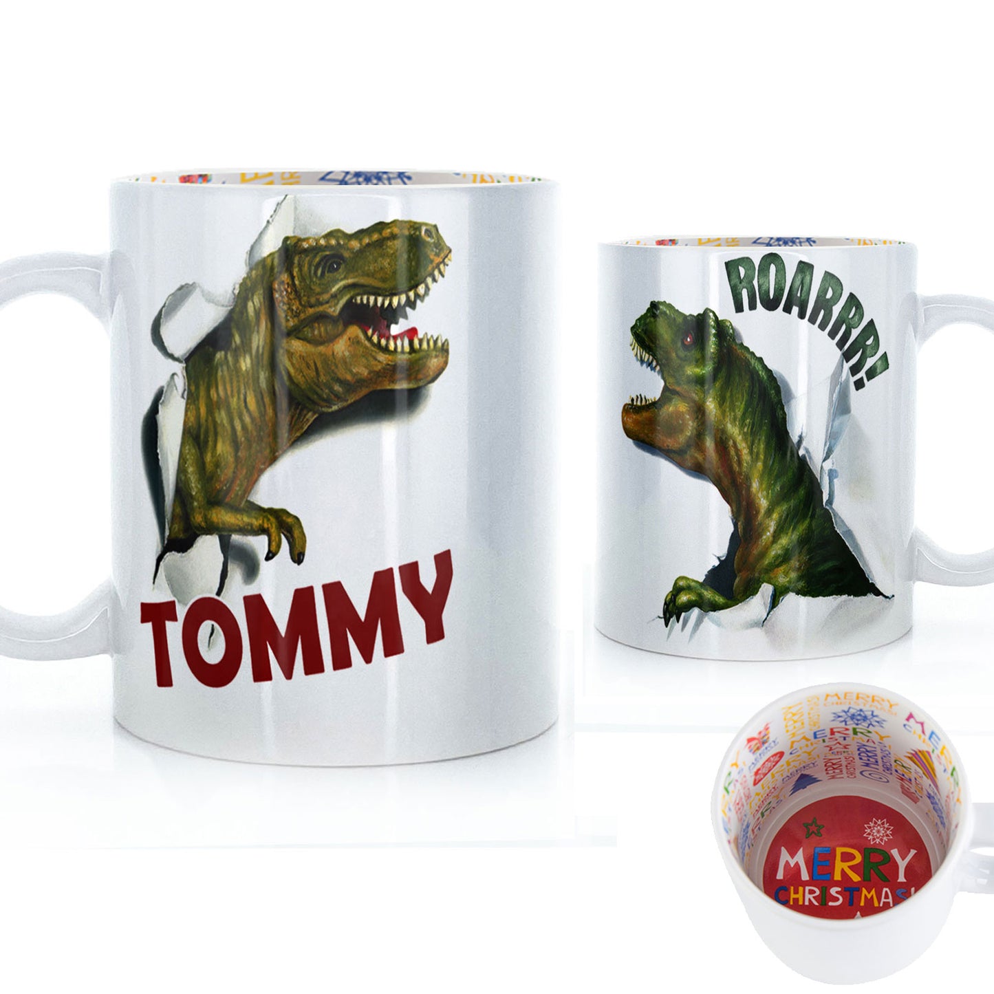 Personalised Mug with Red Bold Text and T-Rex