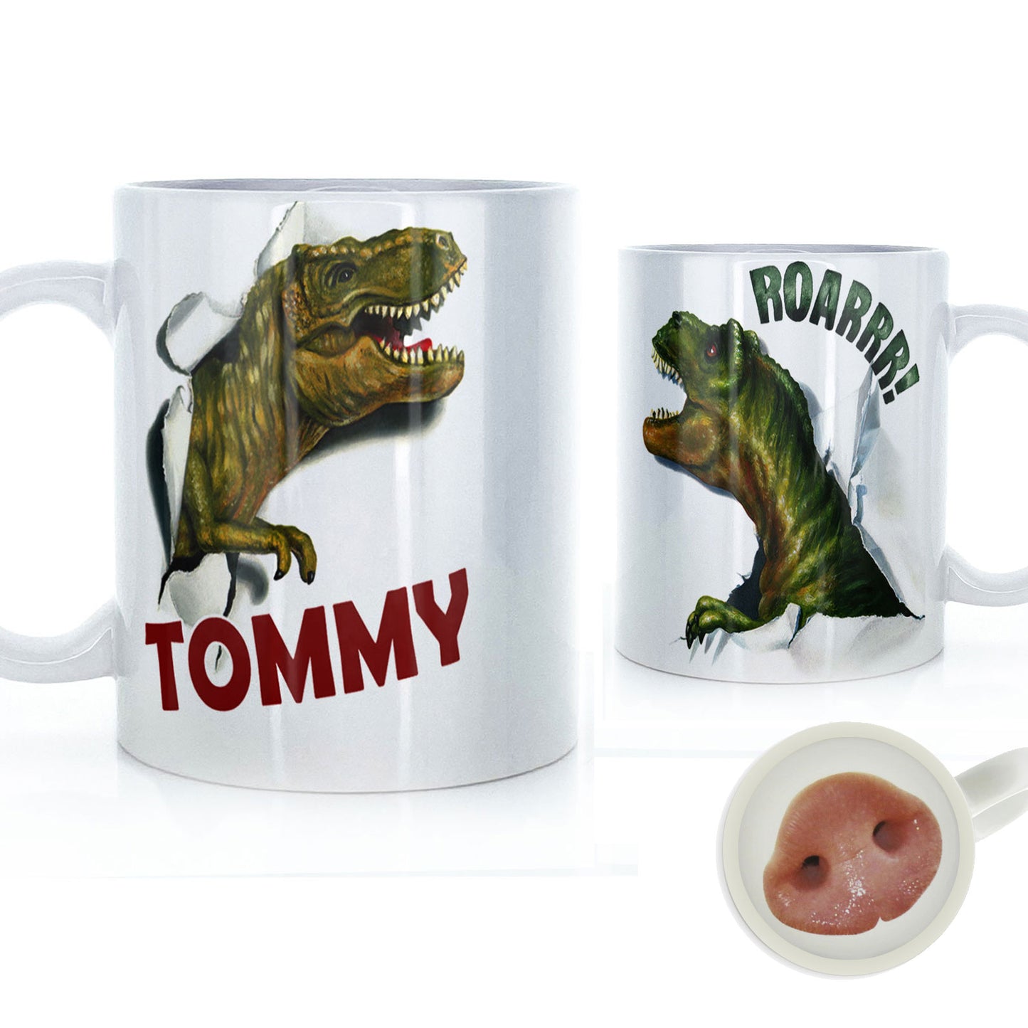 Personalised Mug with Red Bold Text and T-Rex