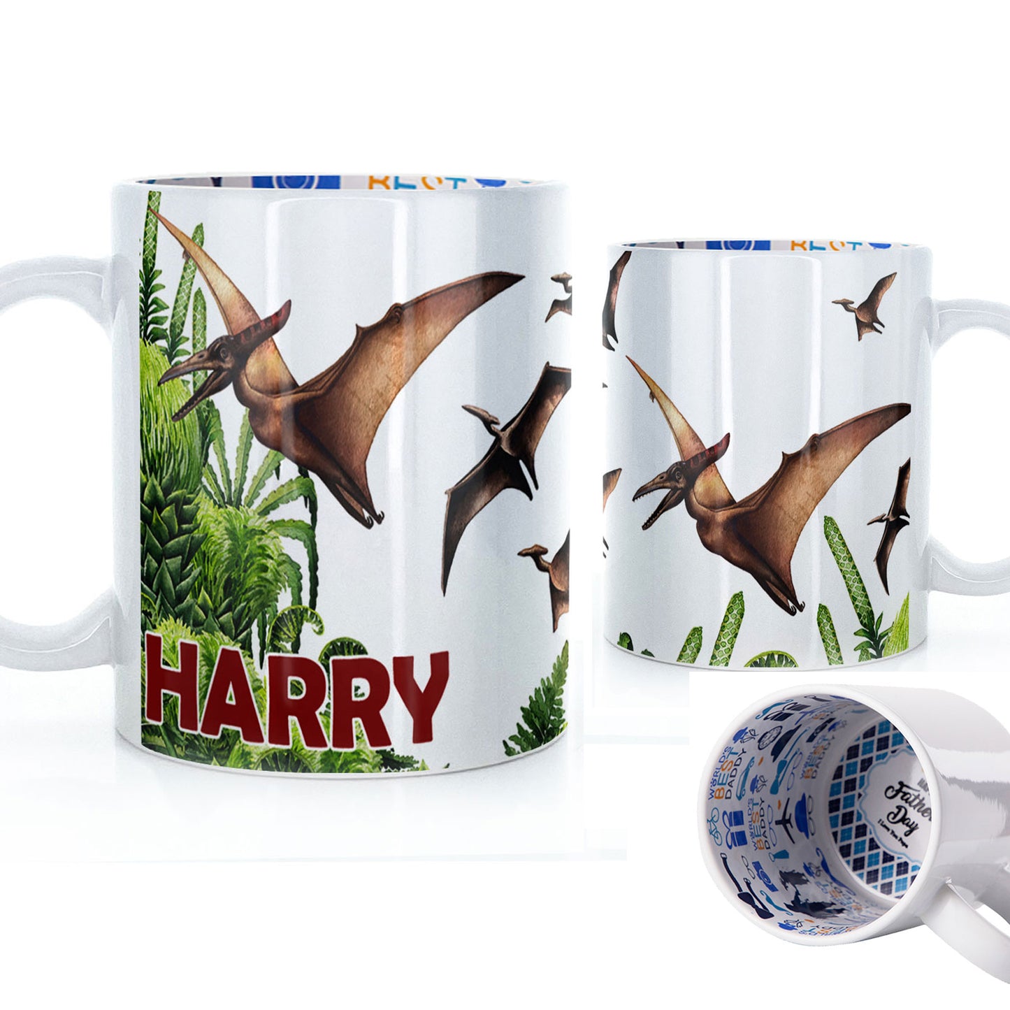 Personalised Mug with Red Bold Text and Pterodactyls