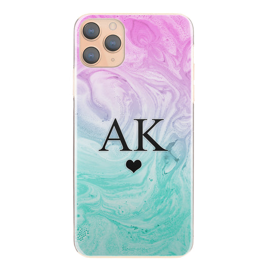 Personalised Samsung Galaxy Phone Hard Case with Heart Accented Initials on Cyan Magenta Gradient Swirled Marble