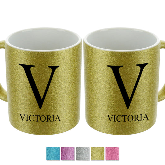 Personalised Glitter Mug with Traditional Text Under Block Initial