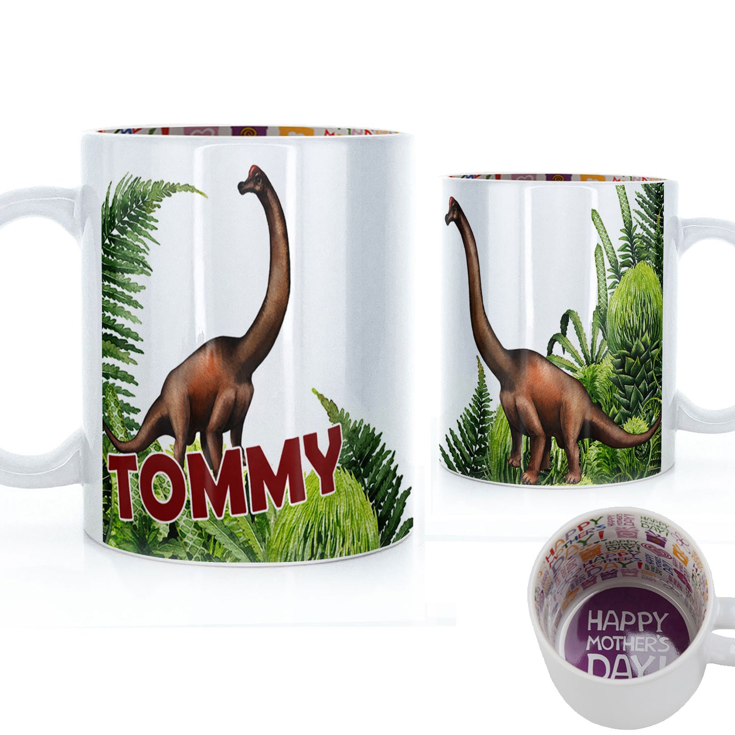 Personalised Mug with Red Bold Text and Brachiosaurus