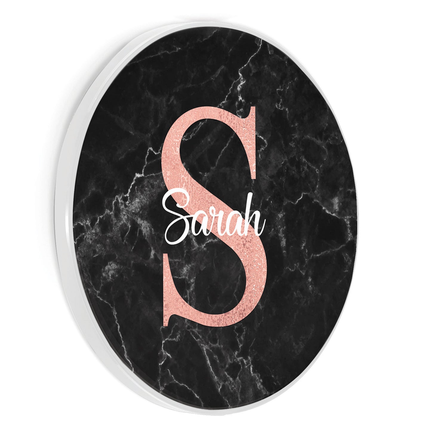 Personalised Wireless Charger with Stylish Pink Monogram and White Text on Black Marble