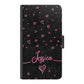 Personalised Apple iPhone Leather Wallet with Pink Stylish text, Stars and Hearts on Black Marble