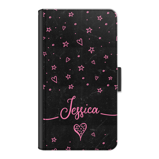 Personalised Sony Phone Leather Wallet with Pink Stylish text, Stars and Hearts on Black Marble