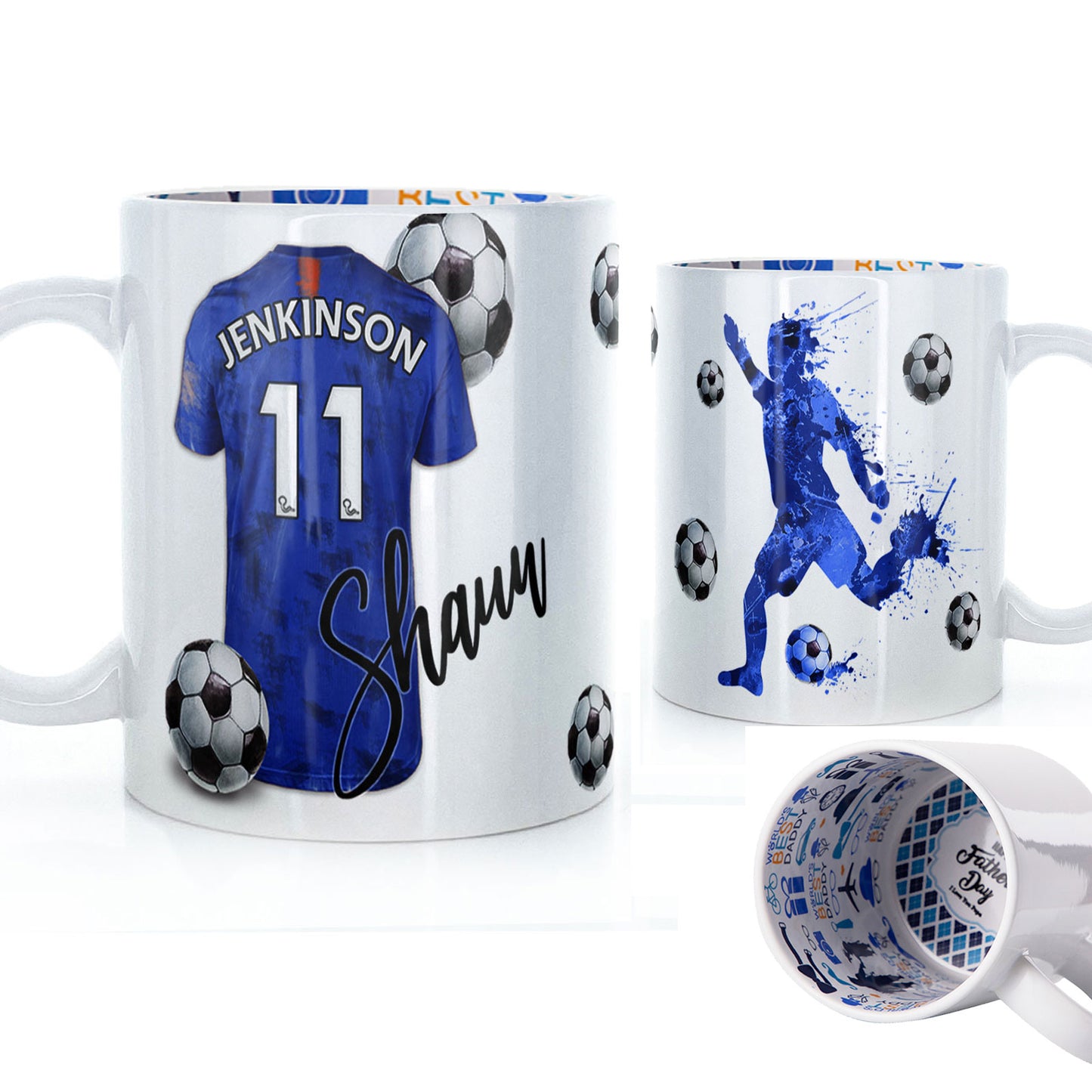 Personalised Mug with Stylish Text and Patterned Blue Shirt with Name & Number