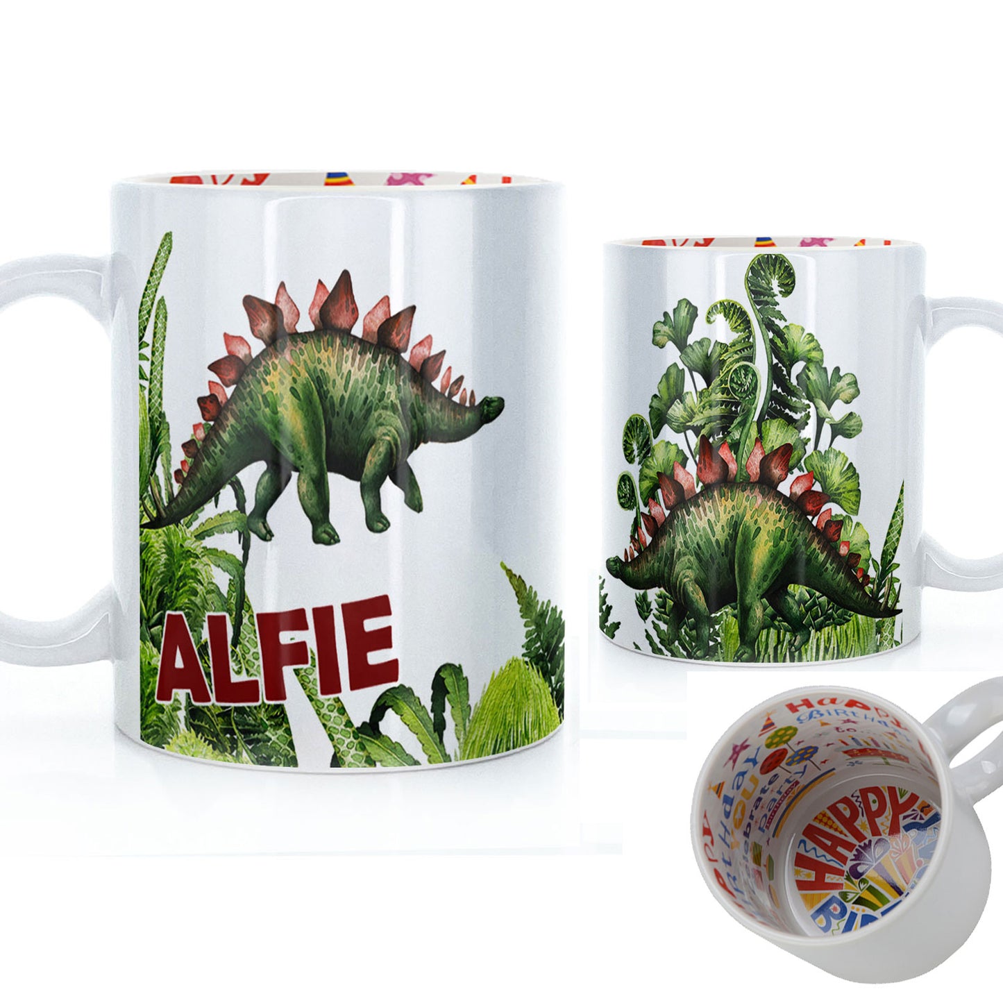 Personalised Mug with Red Bold Text and Parasaurolophus