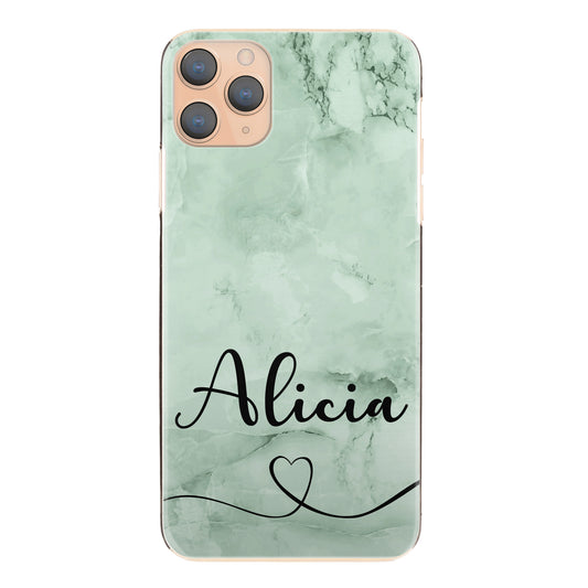 Personalised Sony Phone Hard Case with Heart Accented Stylish Text on Mint Green Marble