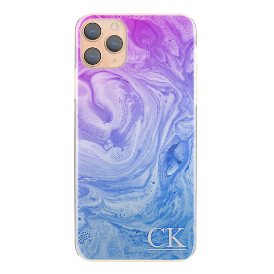 Personalised Sony Phone Hard Case with White Initials on Blue Purple Gradient Swirled Marble