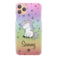 Personalised Apple iPhone Hard Case with Pink and Blue Unicorn on Rainbow Stars and Hearts