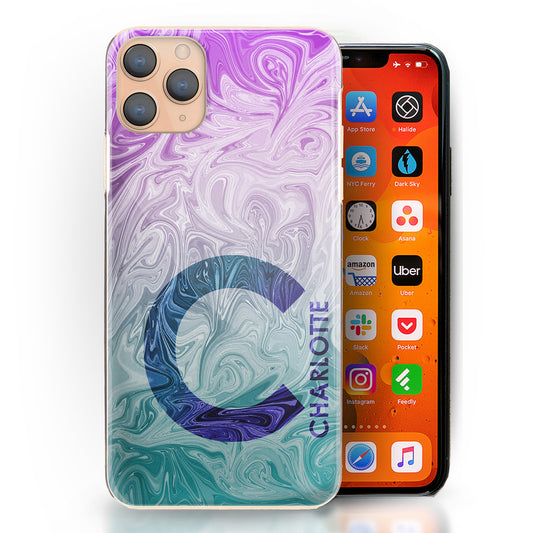 Personalised Sony Phone Hard Case with Blue Turquoise Gradient Text and Initial on Purple Cyan Gradient Swirled Marble