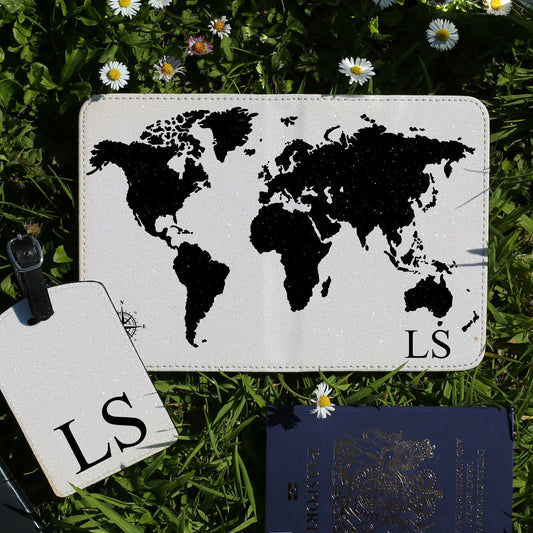 Personalised Passport Case & Tag with Black World Map & Text - White Glitter
