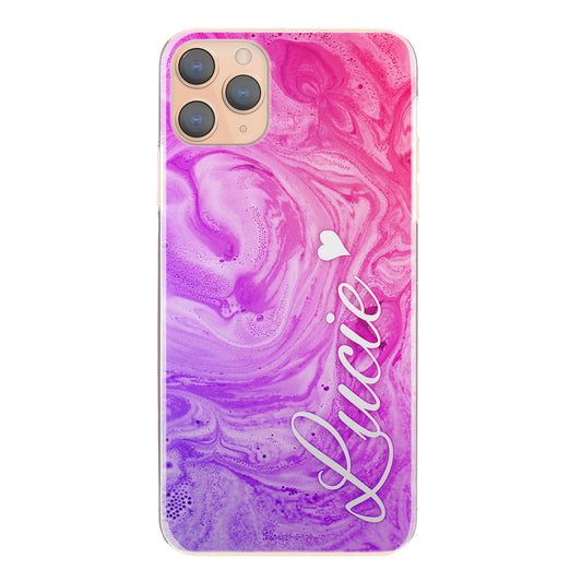 Personalised Sony Phone Hard Case with Heart Accented Text on Purple Pink Gradient Swirled Marble