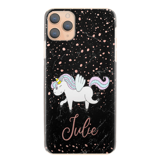 Personalised One Phone Hard Case with Winged Unicorn and Pink Text on Black Marble
