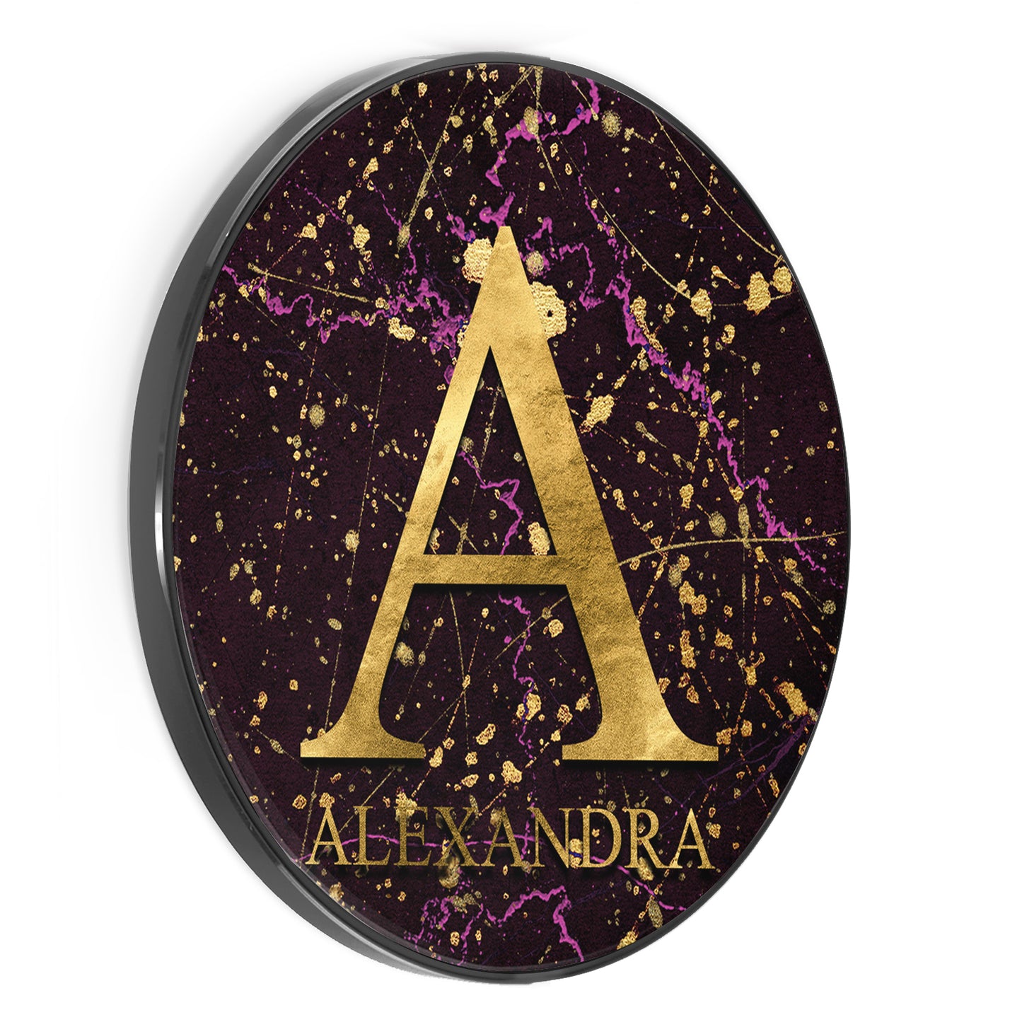 Personalised Wireless Charger with Gold Monogram and Text on Pink and Gold Infused Black Marble