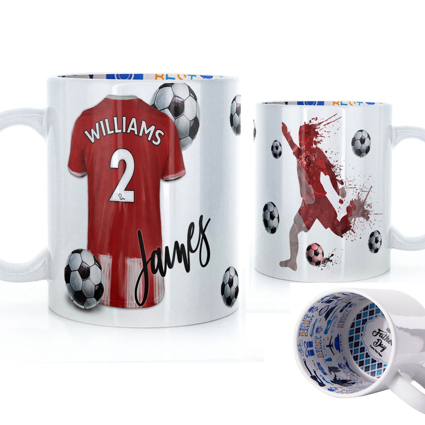Personalised Mug with Stylish Text and Red & White Stripes Shirt with Name & Number