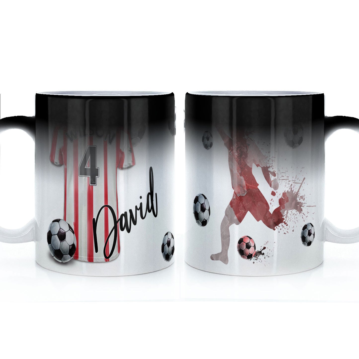 Personalised Mug with Stylish Text and White & Red Striped Shirt with Name & Number
