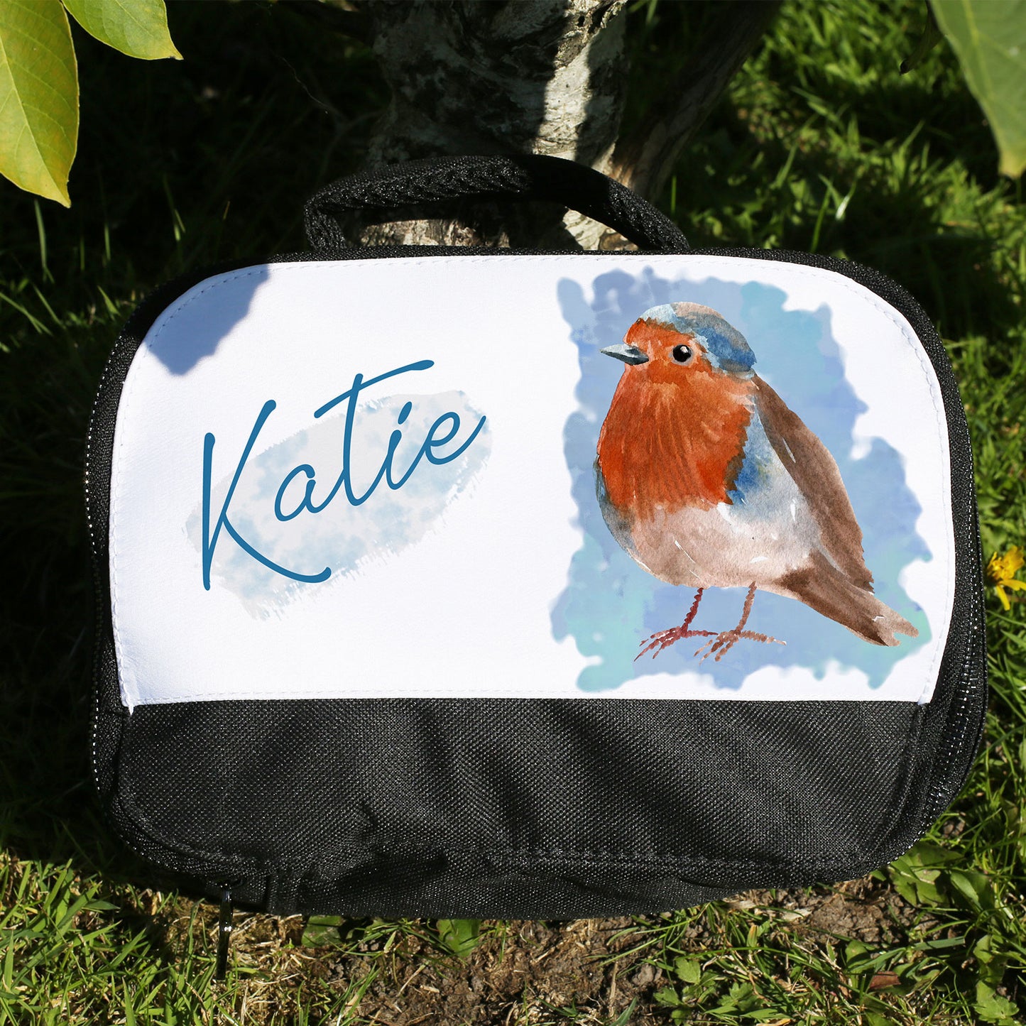 Personalised Lunch Bag with Stylish Block Initials with Red Robin & Name