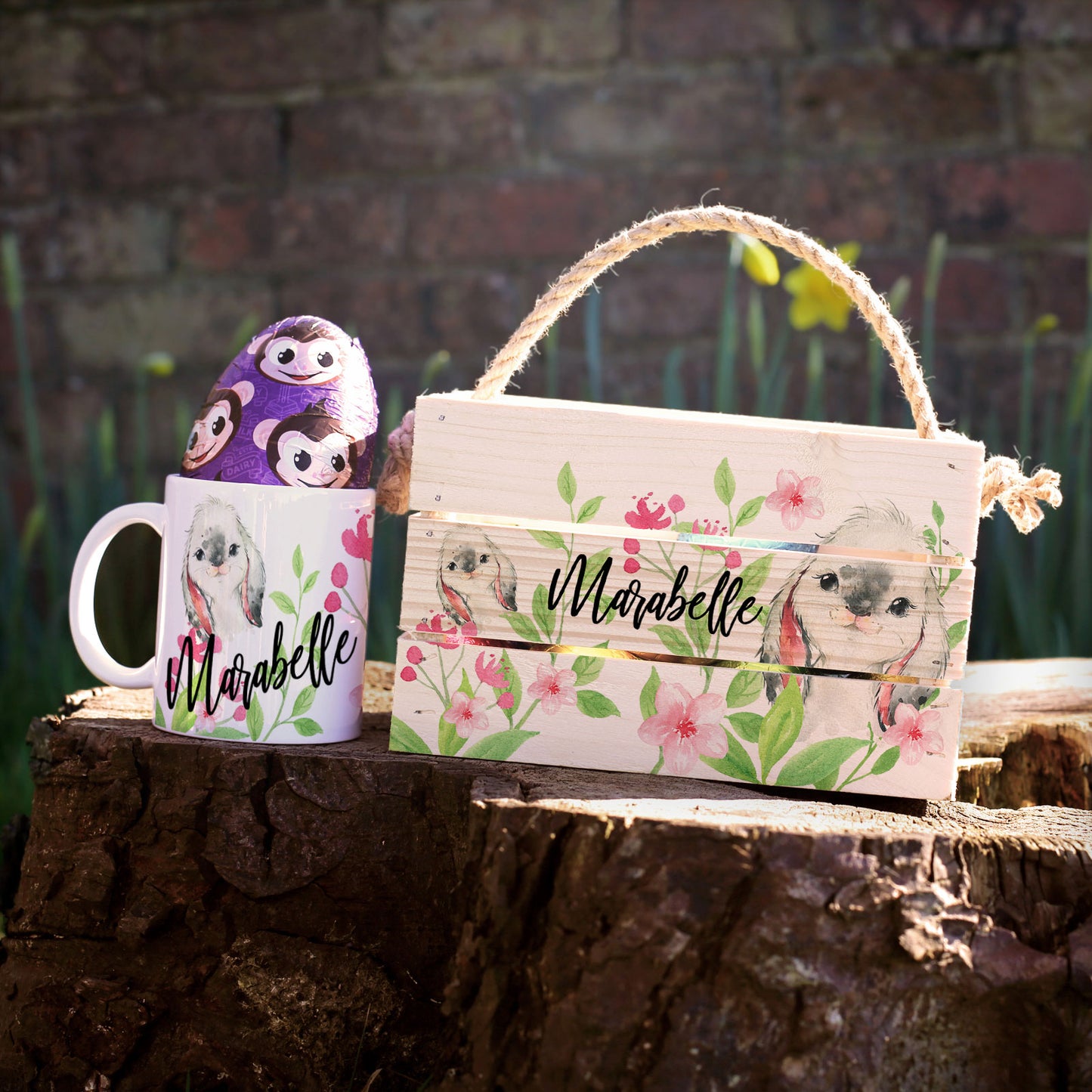 Personalised Easter Basket Gift Hamper with Floral Rabbit