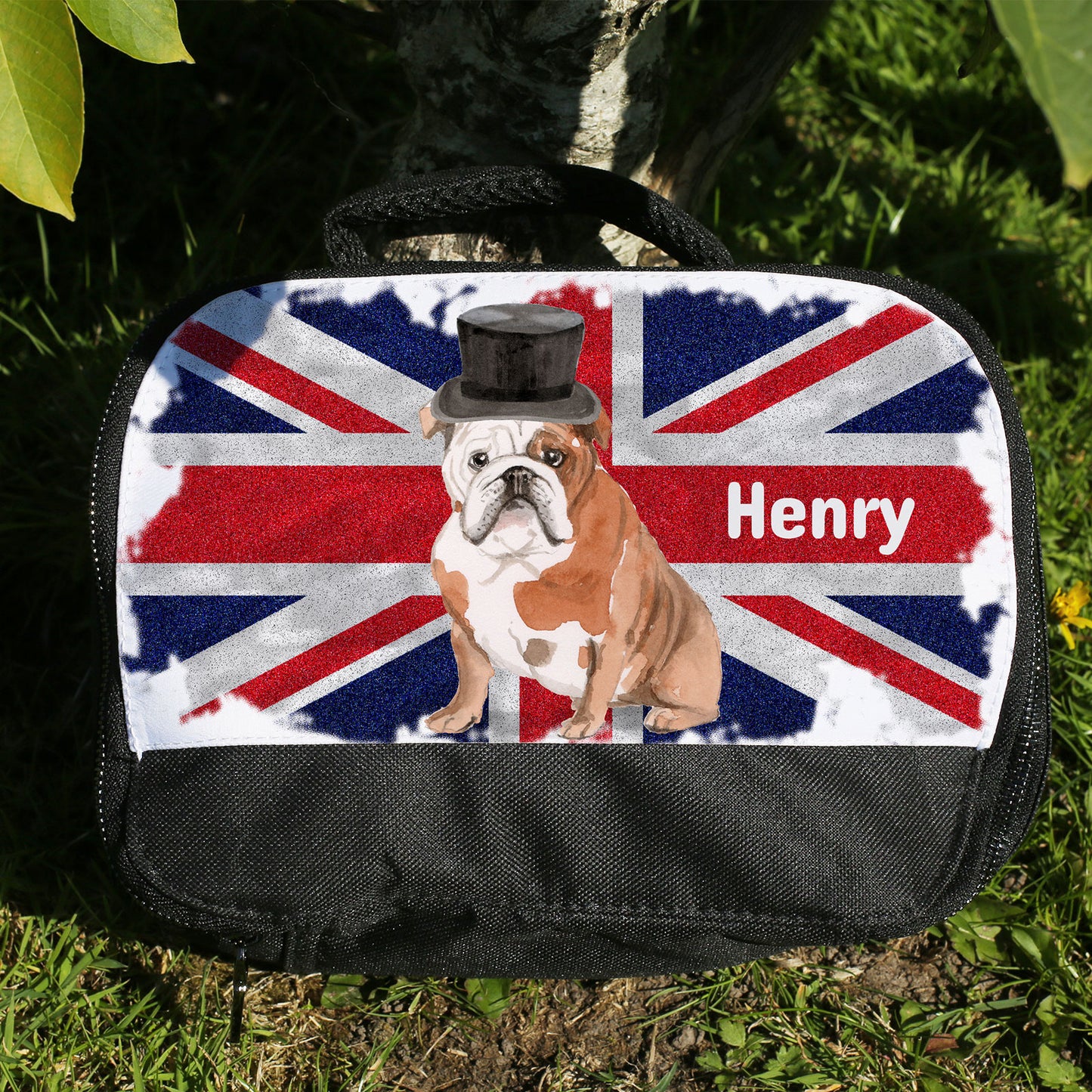 Personalised Lunch Bag with Stylish Block Initials with British Bulldog & Name