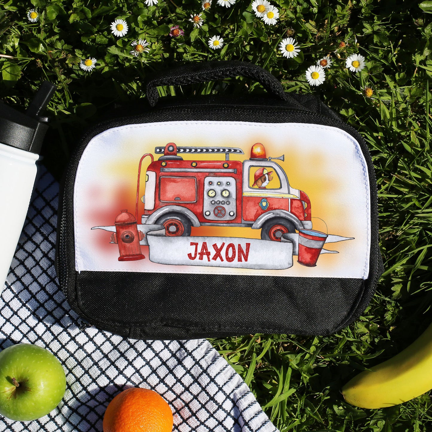 Personalised Lunch Bag with Stylish Block Initials with Fire Engines & Text