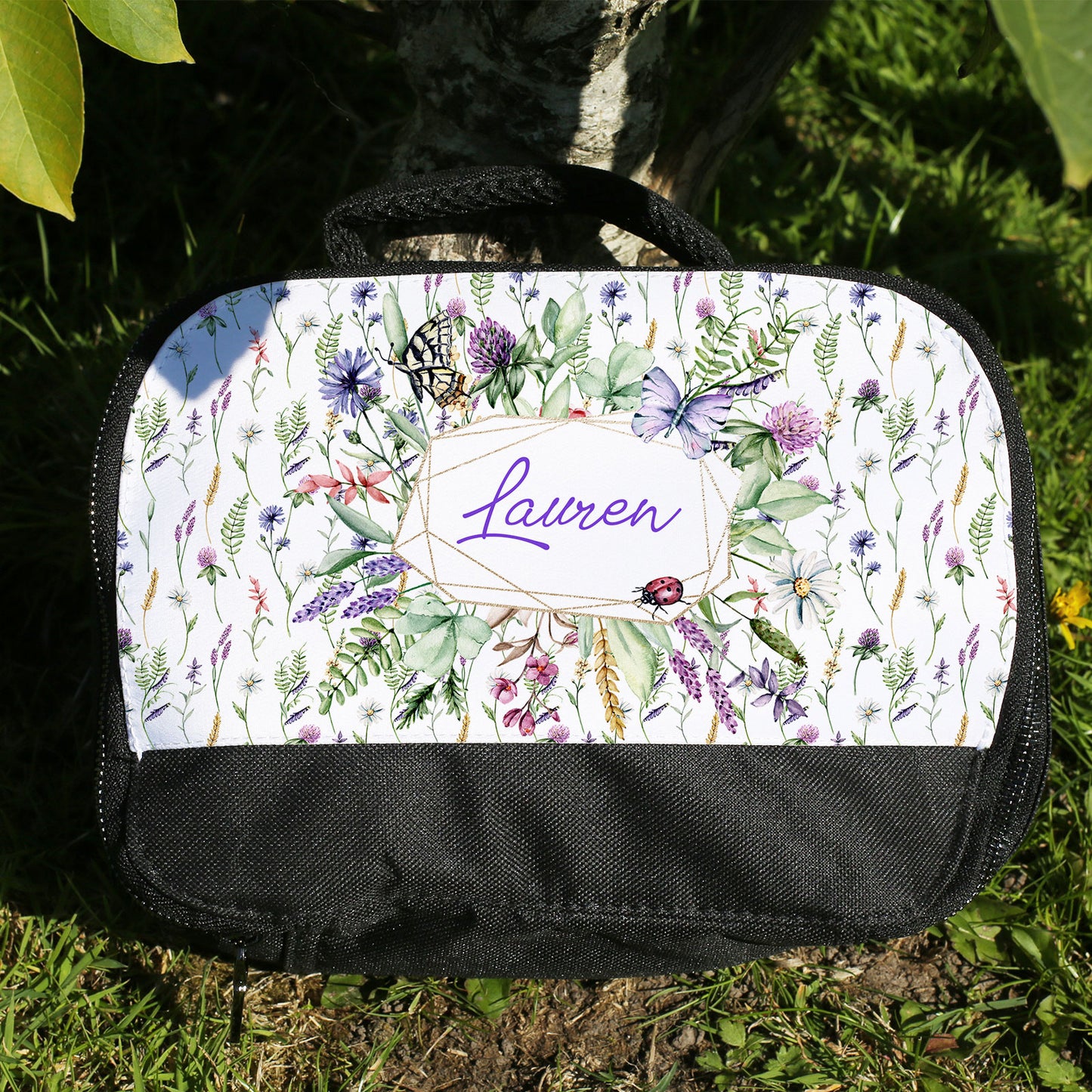 Personalised Lunch Bag with Stylish Block Initials with Floral Sticker bomb & Text