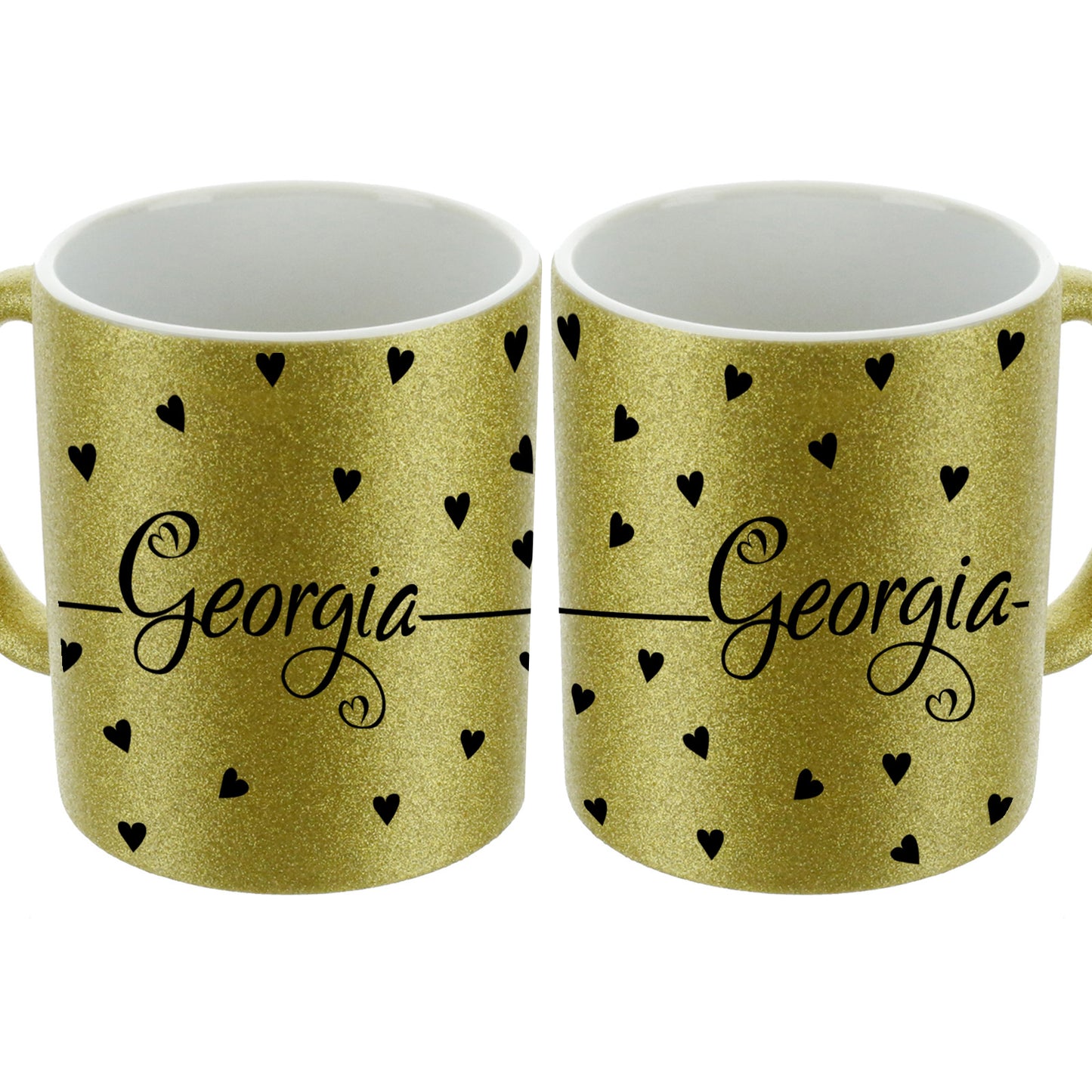 Personalised Glitter Mug with Heart Accented Text with Mini Hearts