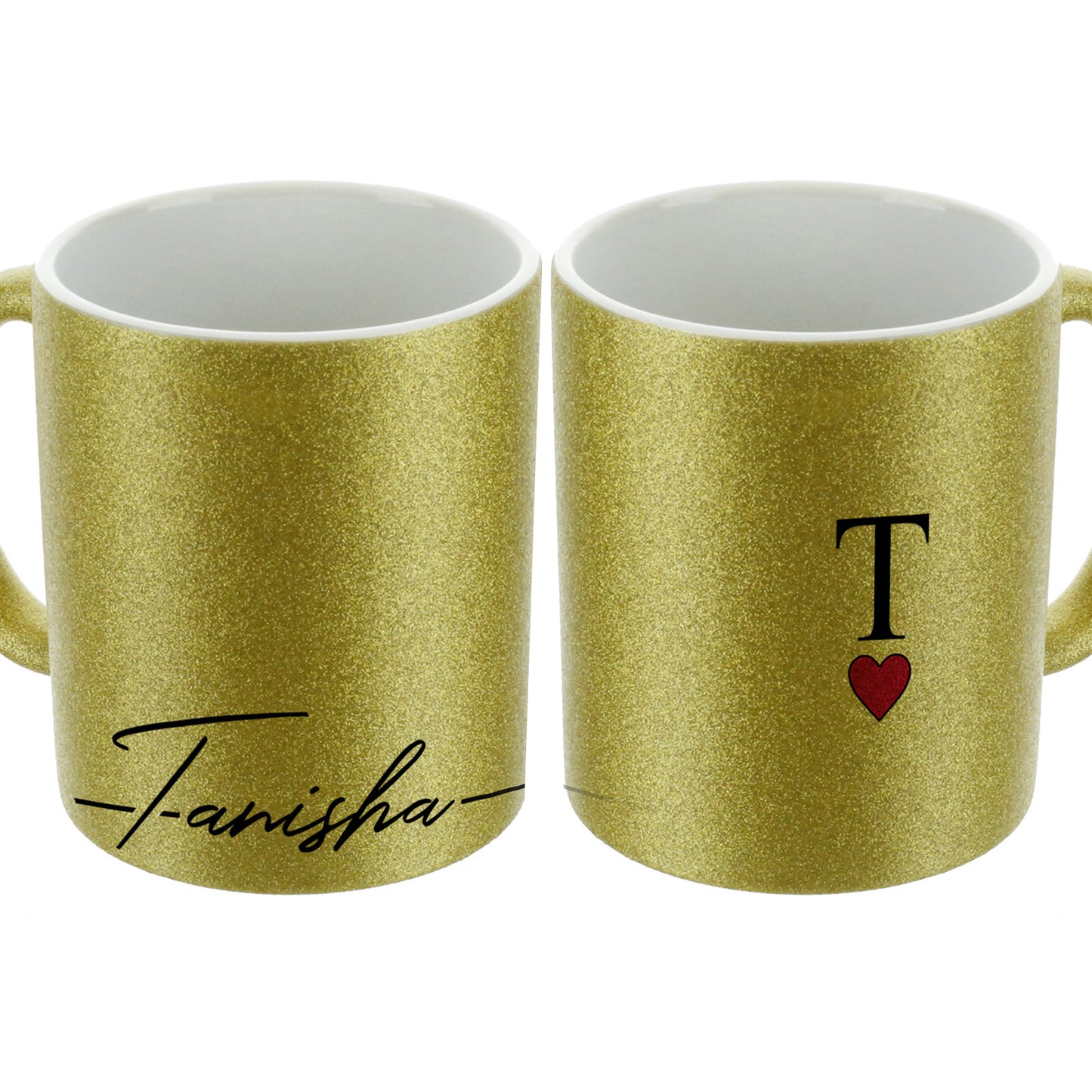 Personalised Glitter Mug with Elegant Text and Heart Accented Initial