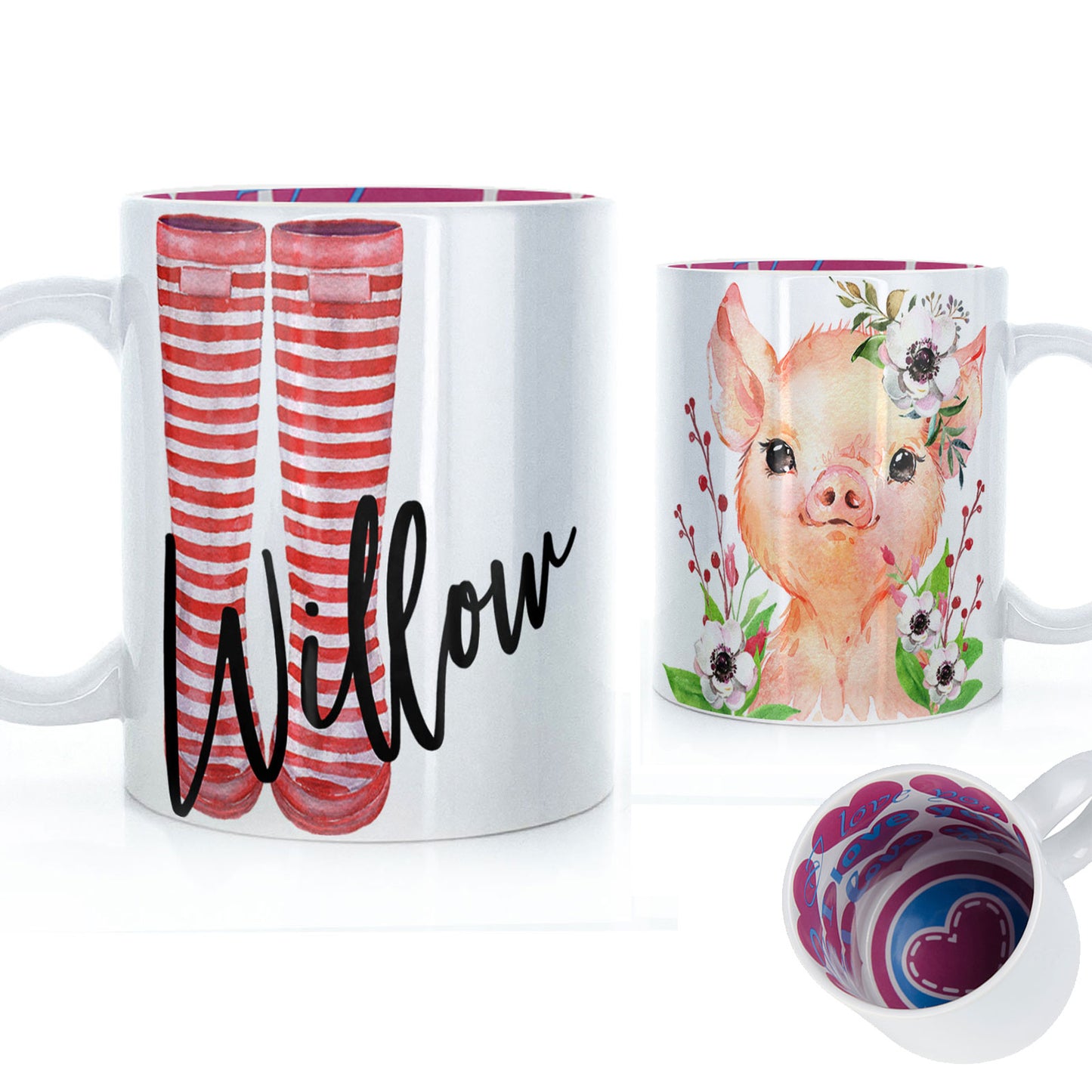 Personalised Mug with Stylish Text and White Flower Pig & Red Striped Wellies