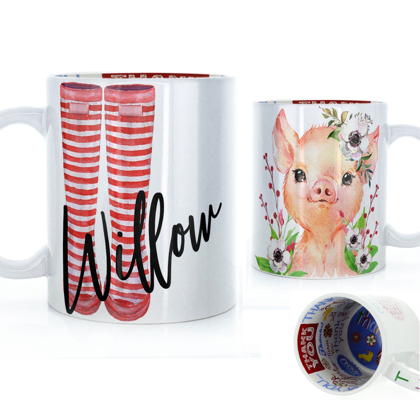 Personalised Mug with Stylish Text and White Flower Pig & Red Striped Wellies