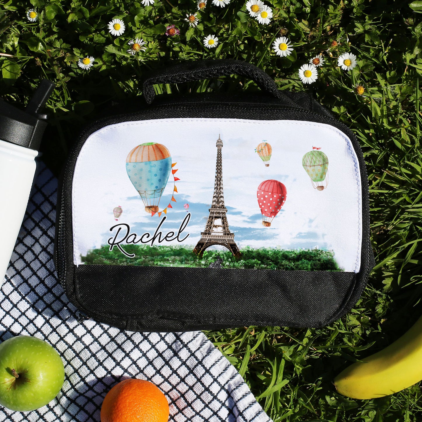 Personalised Lunch Bag with Stylish Block Initials with Air Balloons in Paris with Name
