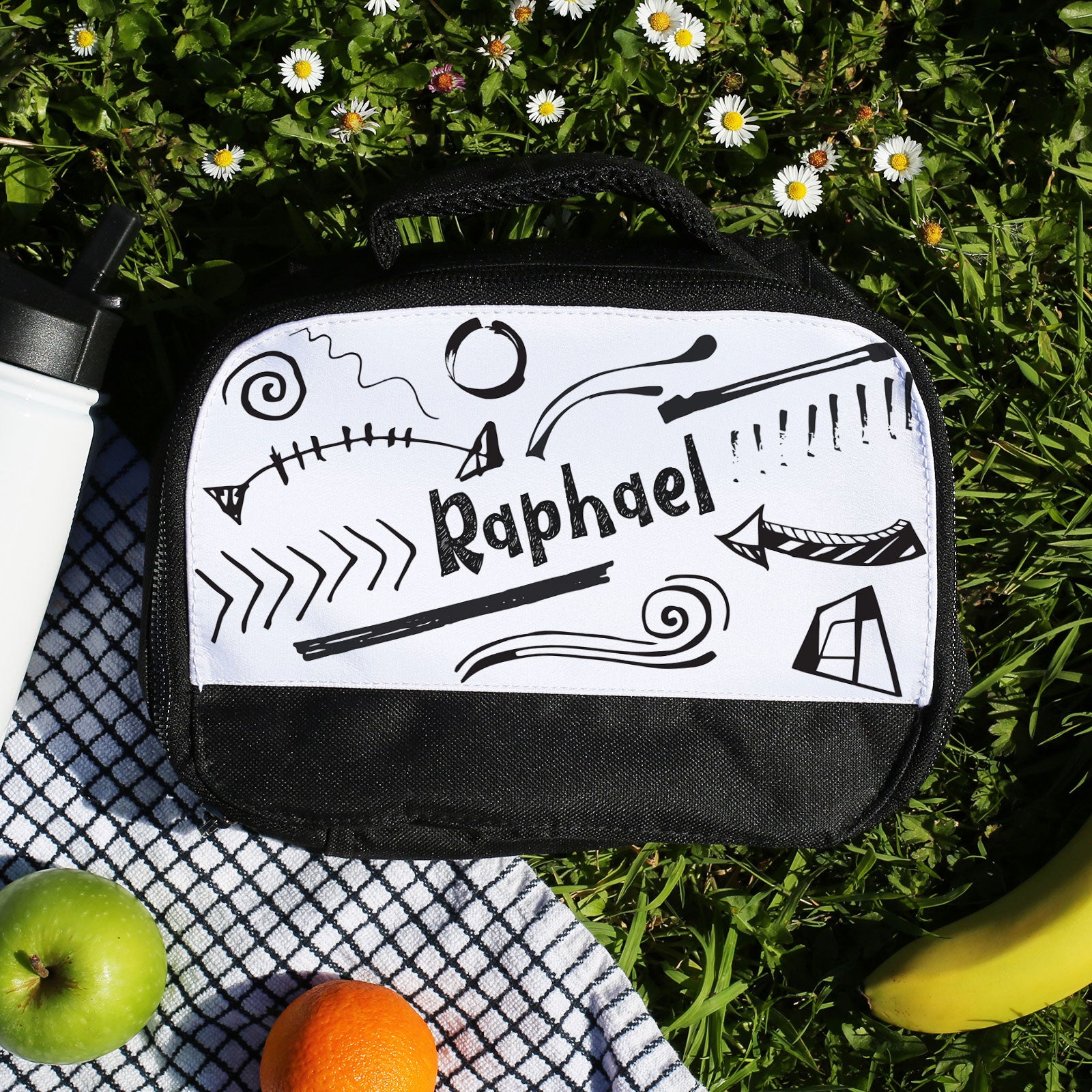 Personalised Lunch Bag with Stylish Block Initials with Quirky Sketching and Text