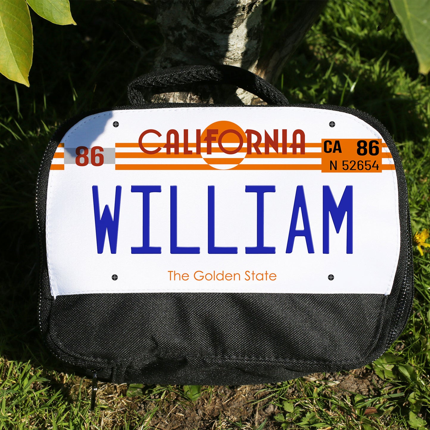Personalised Lunch Bag with Stylish Block Initials with Classic California Registration & Text
