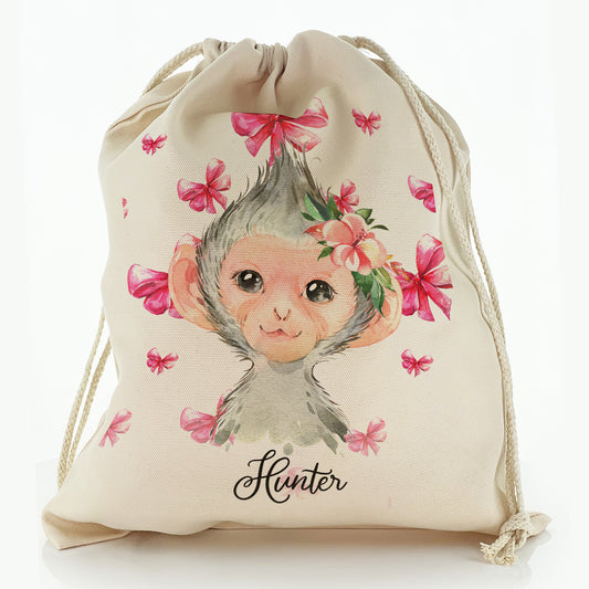 Personalised Canvas Sack with Monkey Pink Bows and Cute Text