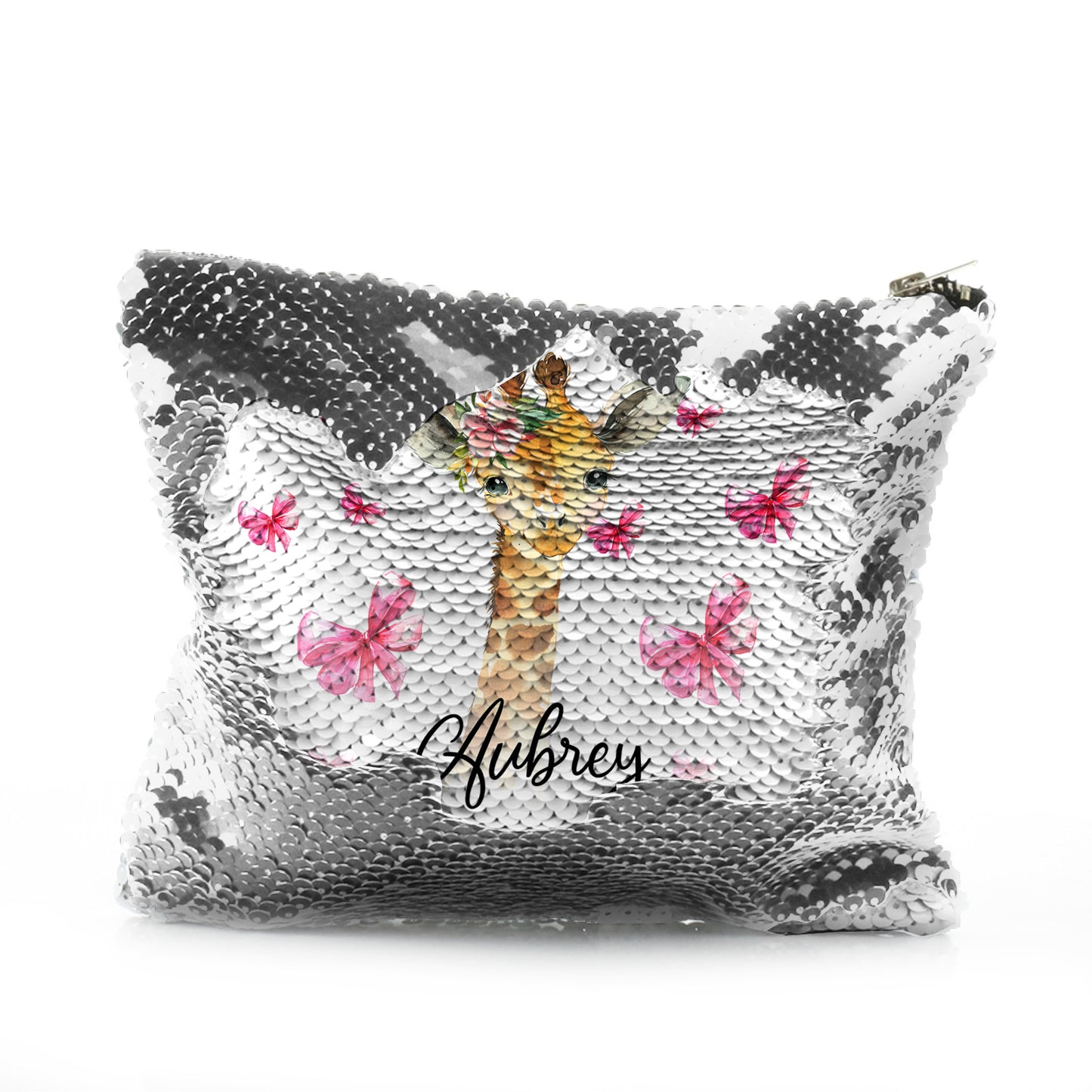 Personalised Sequin Zip Bag with Giraffe Pink Bows and Cute Text
