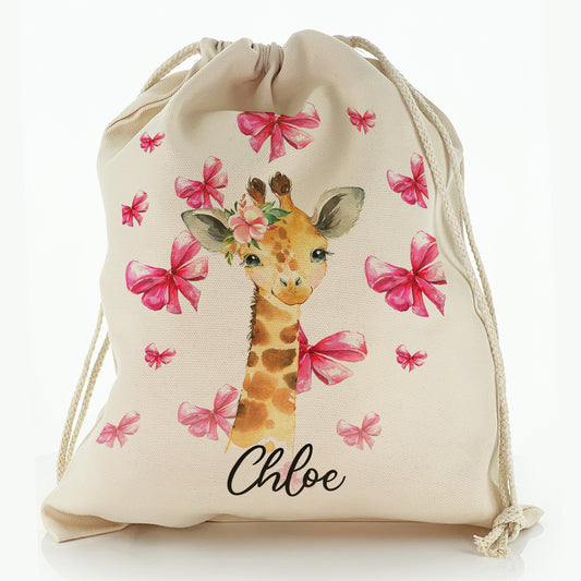 Personalised Canvas Sack with Giraffe Pink Bows and Cute Text