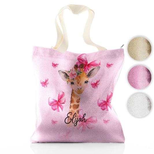 Personalised Glitter Tote Bag with Giraffe Pink Bows and Cute Text