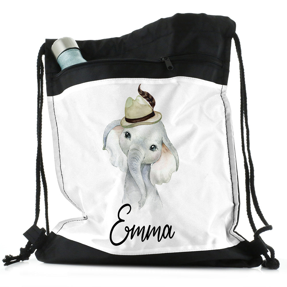 Personalised Grey Elephant Hat and Name Black Drawstring Backpack