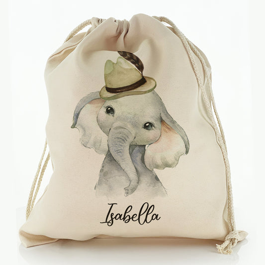 Personalised Canvas Sack with Grey Elephant Feather Hat and Cute Text