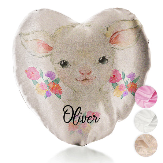 Personalised Glitter Heart Cushion with White Lamb Flowers and Cute Text
