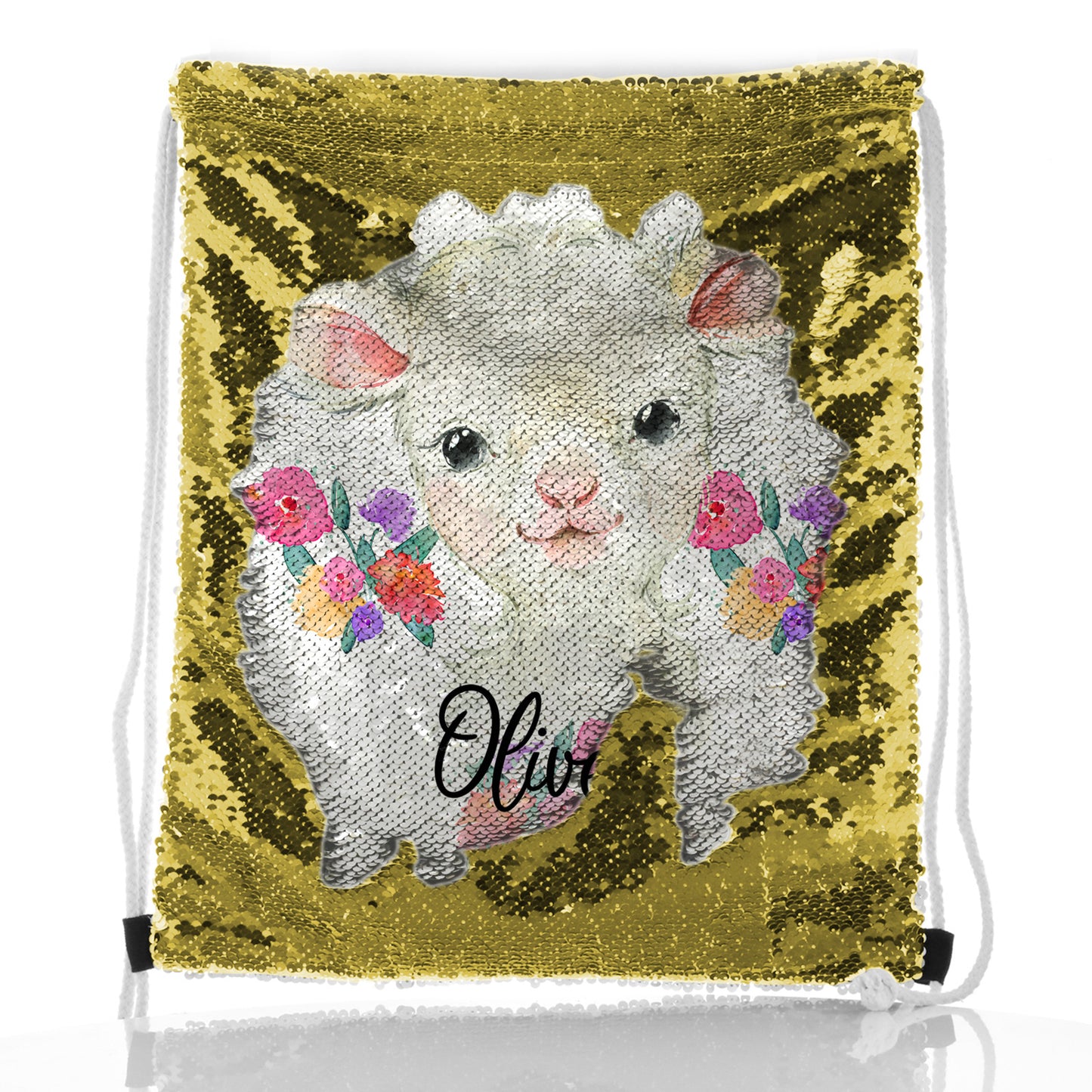 Personalised Sequin Drawstring Backpack with White Lamb Flowers and Cute Text
