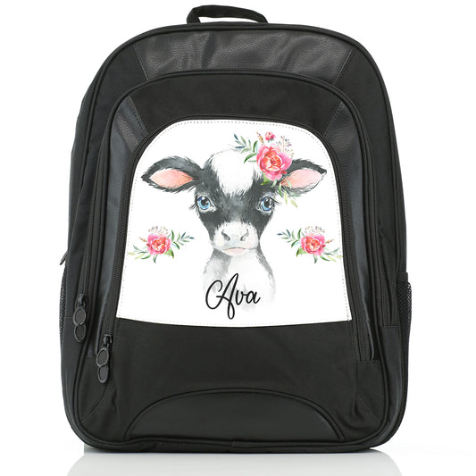 Personalised Large Multifunction Backpack with Black and White Cow Pink Rose Flowers and Cute Text