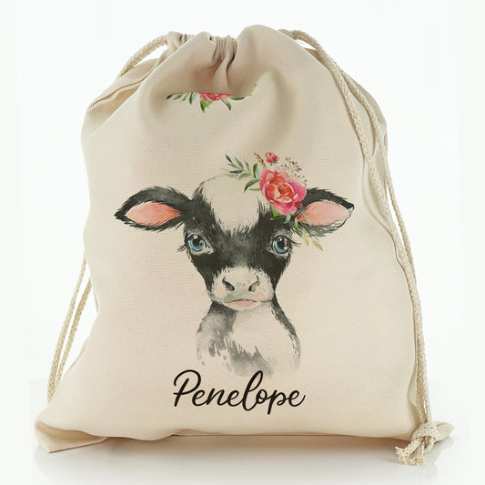 Personalised Canvas Sack with Black and White Cow Pink Rose Flowers and Cute Text