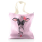 Personalised Glitter Tote Bag with Black and White Cow Pink Rose Flowers and Cute Text