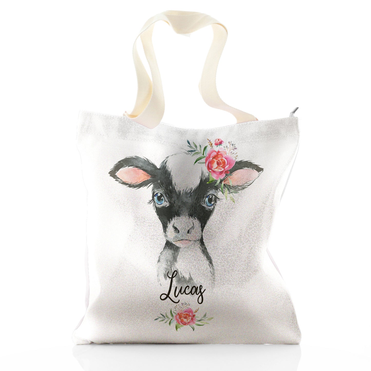 Personalised Glitter Tote Bag with Black and White Cow Pink Rose Flowers and Cute Text