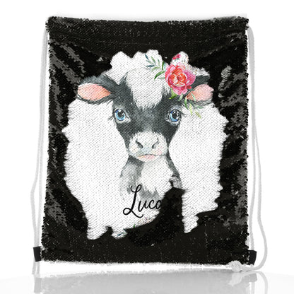 Personalised Sequin Drawstring Backpack with Black and White Cow Pink Rose Flowers and Cute Text
